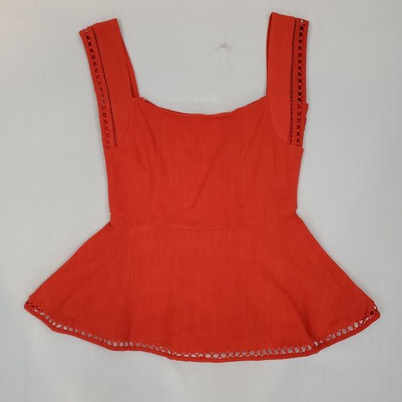 Entro Linen Blend Sz Medium Peplum Top Crochet Smocked Stretch Sleeveless Orange - Picture 1 of 11